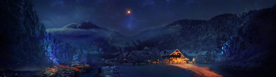 Resolutie 5120×1440: Winter Wonderland Huis Lichten Achtergrond