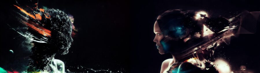 5120×1440 Resolution: Futuristic Face Delight Wallpaper