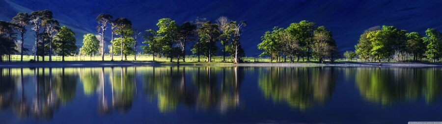 5120×1440 Resolution: Serene Lakeside Forestscape Wallpaper
