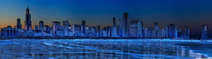 5120×1440 Resolution: Peaceful Cityscape Reflections Wallpaper