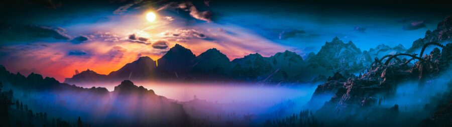5120×1440 Resolution: Misty Peaks and Enchanting Forest Wallpaper