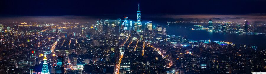 5120×1440 Resolution: Enchanting Cityscape Illuminated at Night Wallpaper