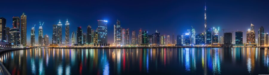 5120×1440 Resolution: Serene Cityscape Reflections Wallpaper