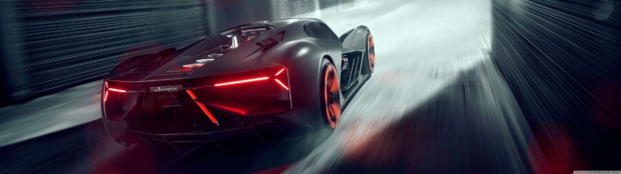 5120×1440 Resolution: Sleek Black Sports Car with Fiery Red Lights Wallpaper