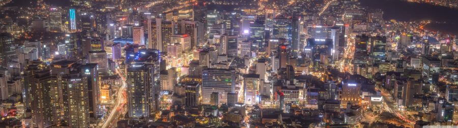 5120×1440 Resolution: Enchanting Nighttime Cityscape Wallpaper