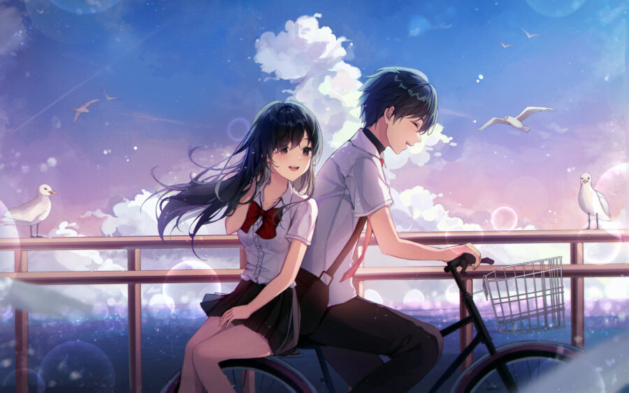 Anime Couple: Cycling Together in Love Wallpaper