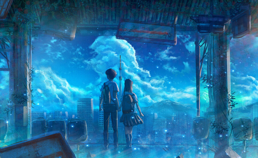 Anime Couple: Gazing at Urban Splendor Wallpaper