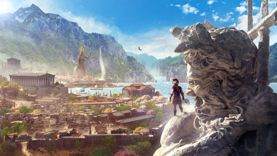 Assassin’s Creed Odyssey: Majestueus stadsgezicht en standbeeld Achtergrond