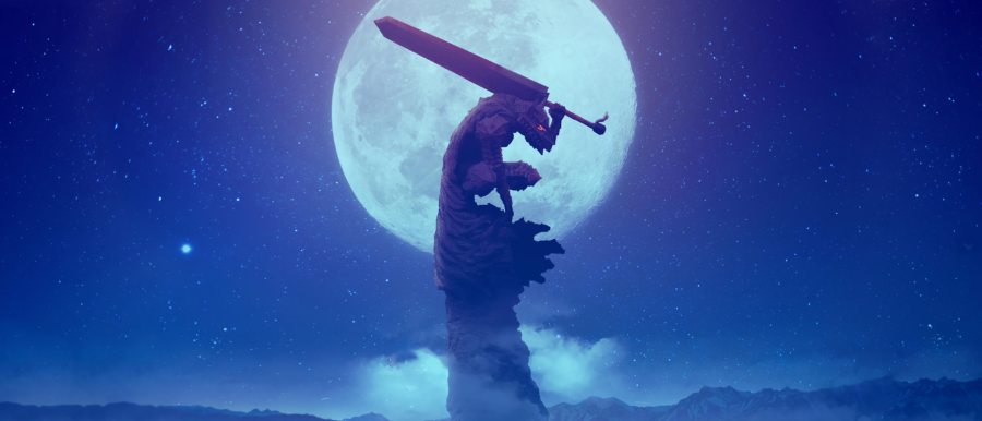Berserk: De majestueuze zwaardpose van de maanverlichte krijger Achtergrond