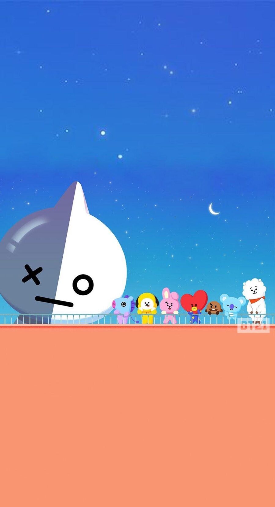 BT21: Schattige tekenfilmfiguren fleuren de Achtergrond op