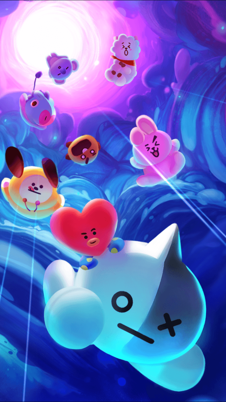 BT21: Schattige stripfiguren in blauw Achtergrond