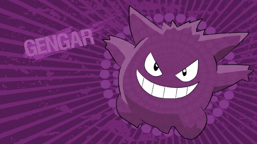 Gengar: Eerie Grin in Purple Haze Wallpaper