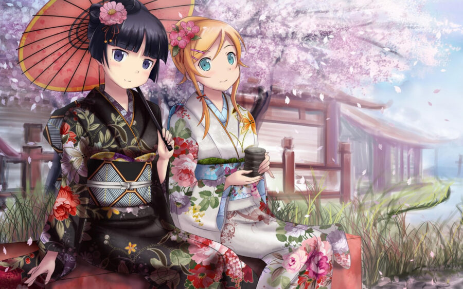 Cuteness Kawaii: Serene Kimono Delight Wallpaper