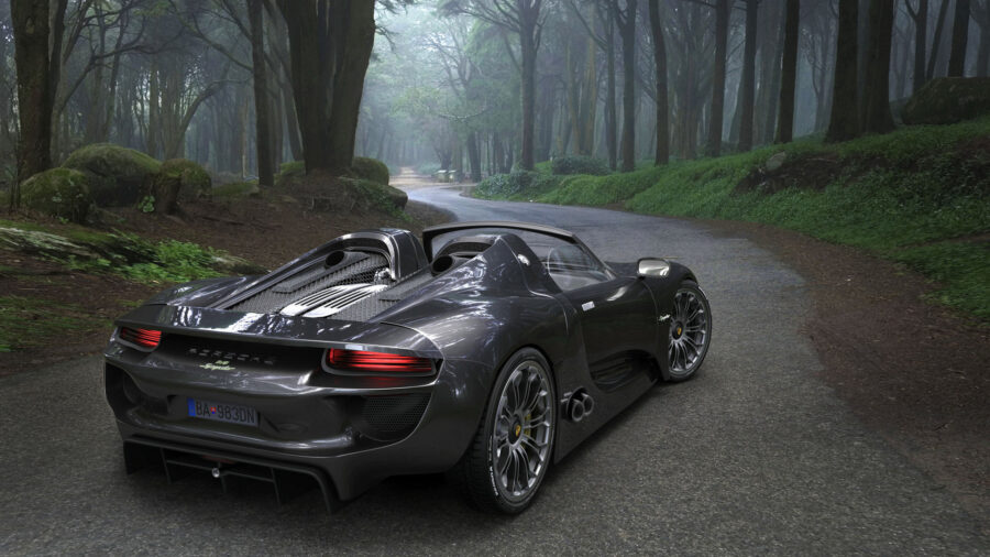 Porsche: 918 Spyder in mistig bos Achtergrond