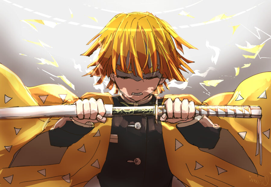 Zenitsu: Unleashing Thunder with Fiery Determination Wallpaper